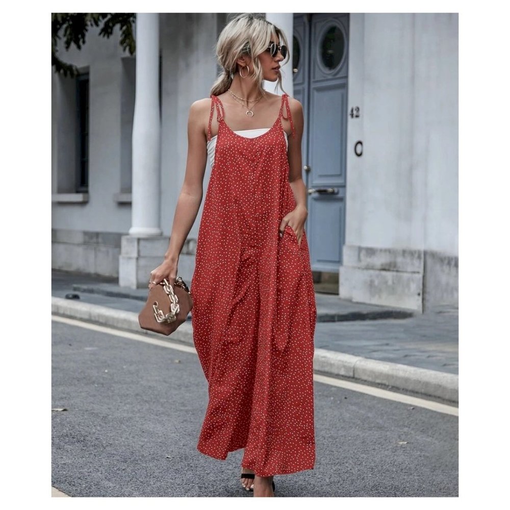 SHEIN Polka Dot Slant Pockets Tie Shoulder Jumpsuit - size 6